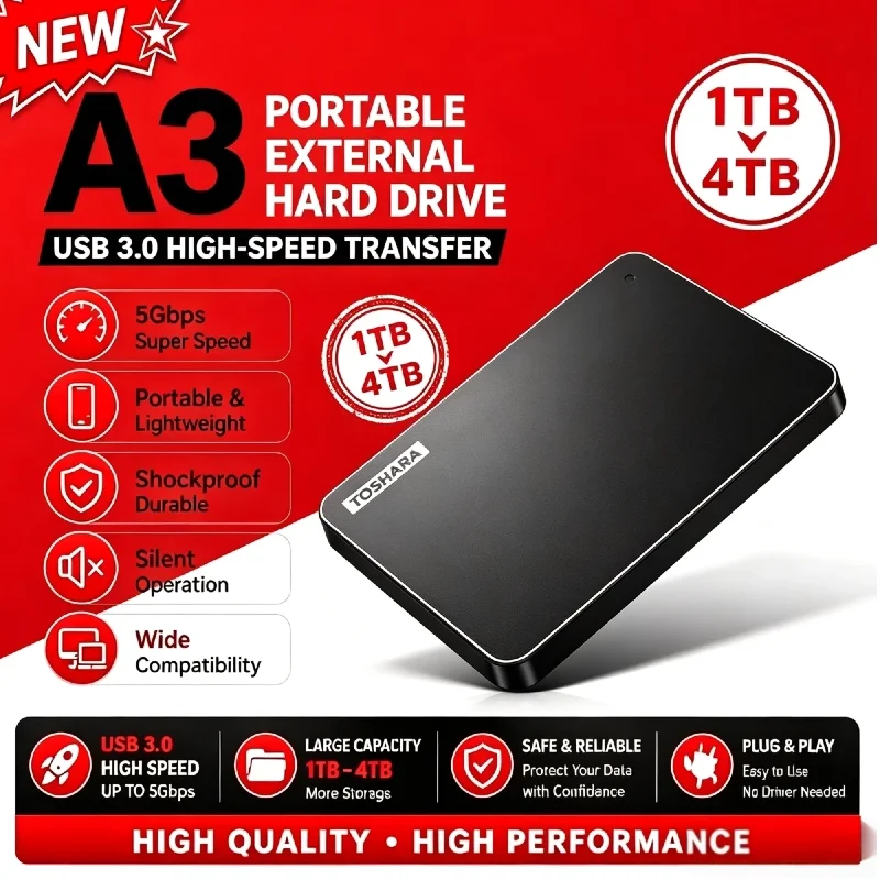 A3 Portable External SSD Hard Drive USB 3.0 Black 500GB 1TB 2TB 4TB Portable Hard Drive for Gaming Console Office and Gift