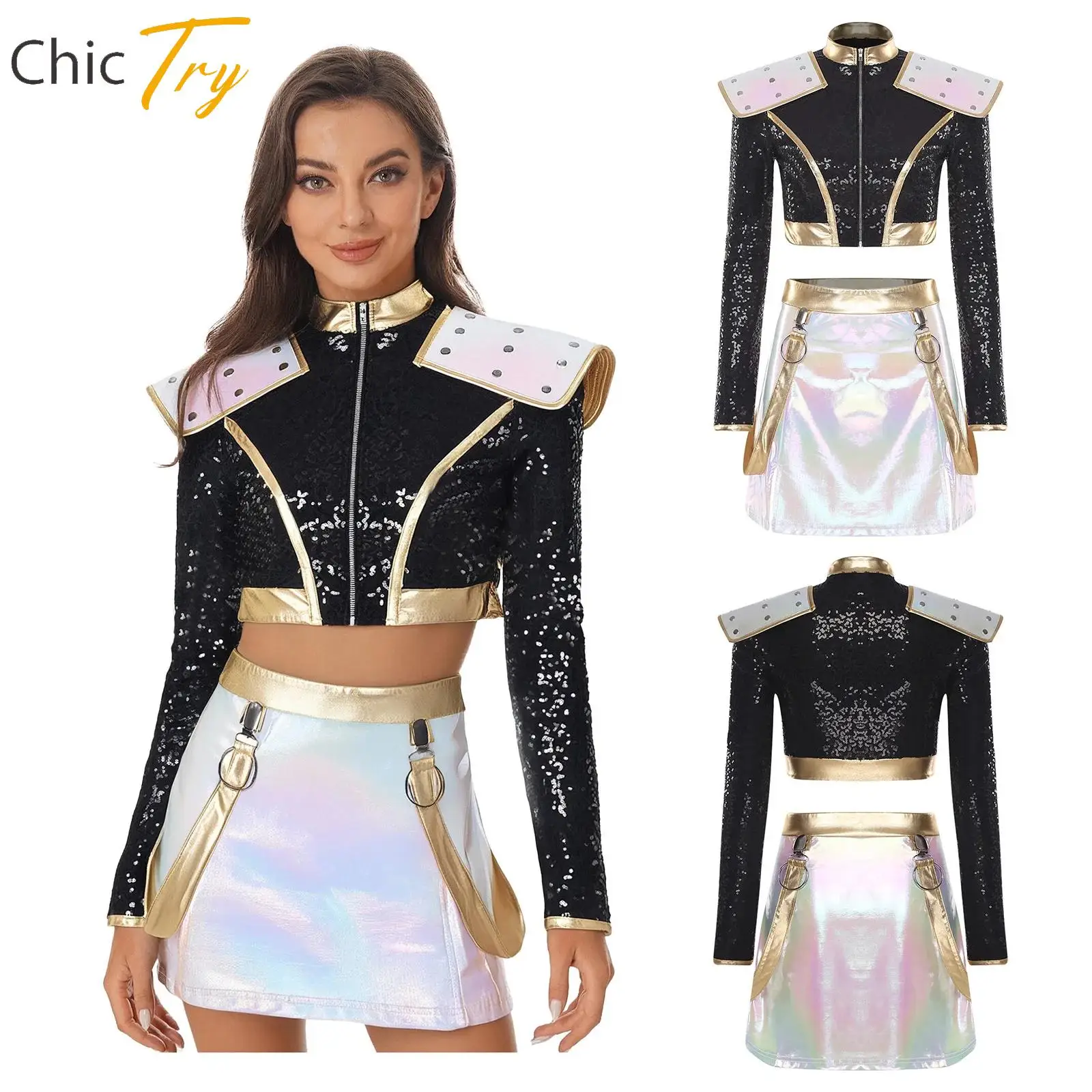

New Womens Halloween Cosplay Costume Long Sleeve Rivet Shoulder Boards Sequined Jacket+Skirt Set Daily Wear Raves Party Clubwear
