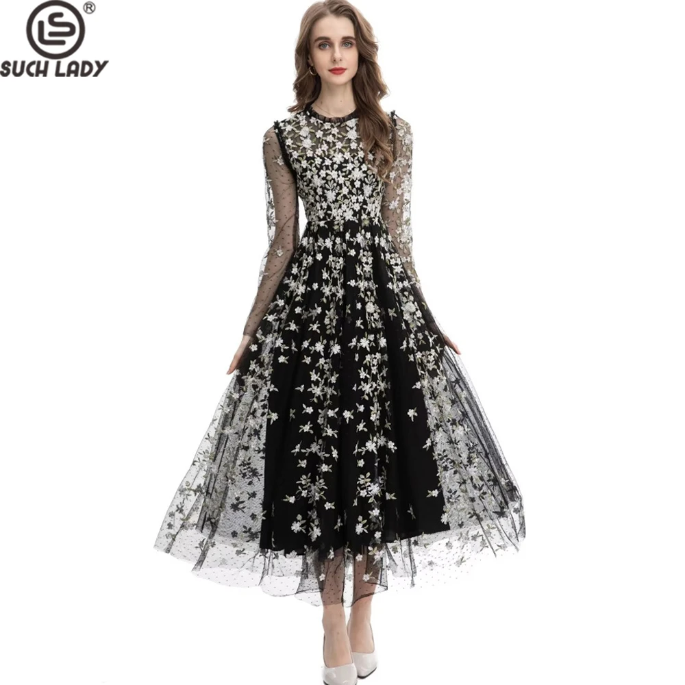 Vestido largo elegante de tul bordado negro para mujer con mangas largas transparentes, cintura ajustada y voluminoso