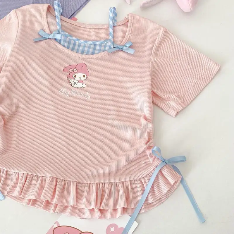 

Sanrio Kawaii suspenders fake two pieces hello kitty fashion HOT T shirt summer baby Kuromi new style girl cartoon print T shirt