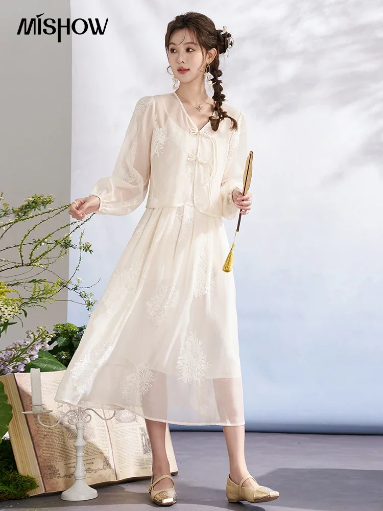 MISHOW Chinese Milk Apricot Blouse Dress Set Separately 2024 Spring Embroidery V Neck Top Solid A-line Camisole Dress MXD11L1733