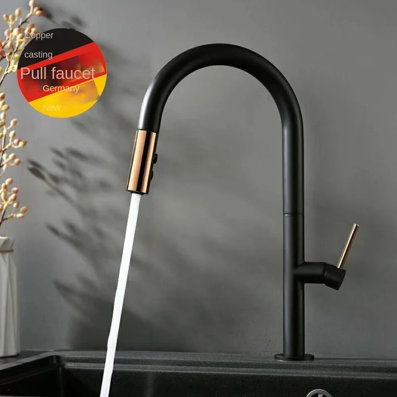 Brass pull hot and cold water dishes pull kitchen dishes White rose gold Black faucet