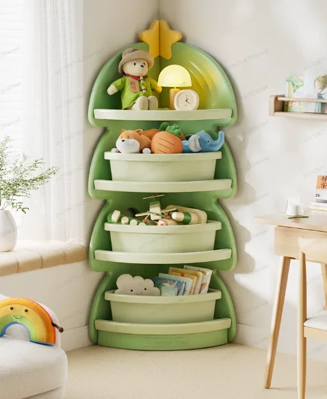 

Kids Storage Cabinet with Bookshelf oy Organizer for Baby Room, Multi Layer Corner Shelf Storage Boxes, Christmas Tree Decor