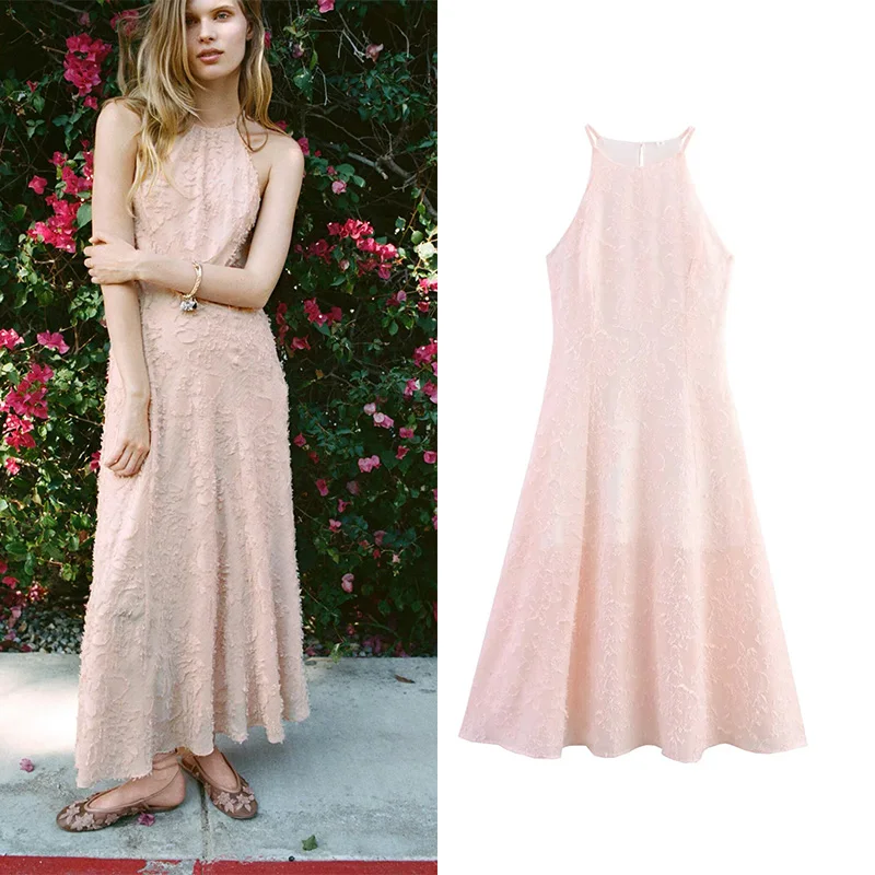 

TRAF Textured Halter Dress Women Summer Sleeveless Women's Dress Matching Fringing Female Dresses Female Chic Party Dress