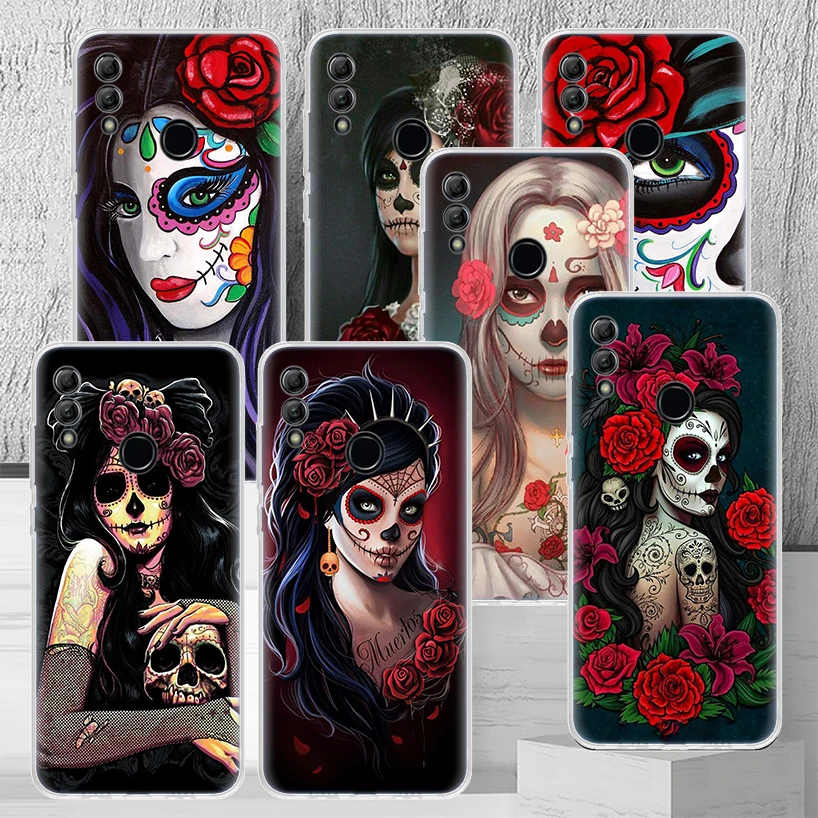 Catrina Beautiful Rose Girl Skull Phone Case Capa For Huawei Honor 9 10 Lite 9X 8X 8A 8S Y5 Y6 Y7 Y9 P Smart Z 2019 1020i Patter