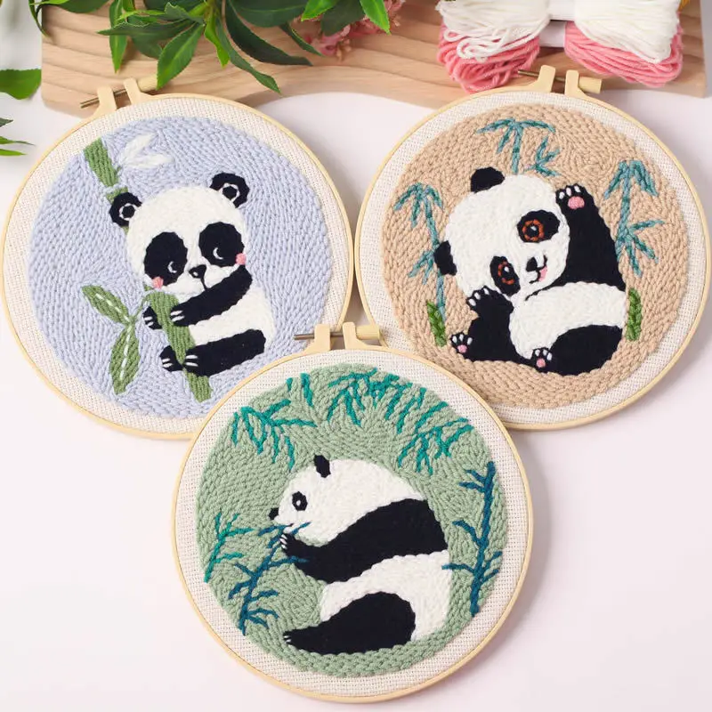 Cute Panda Bamboo Punch Needle Rug Punch Kit with Pattern Clothes, Needle,Threader for Crafter DIY Kit Room Decor