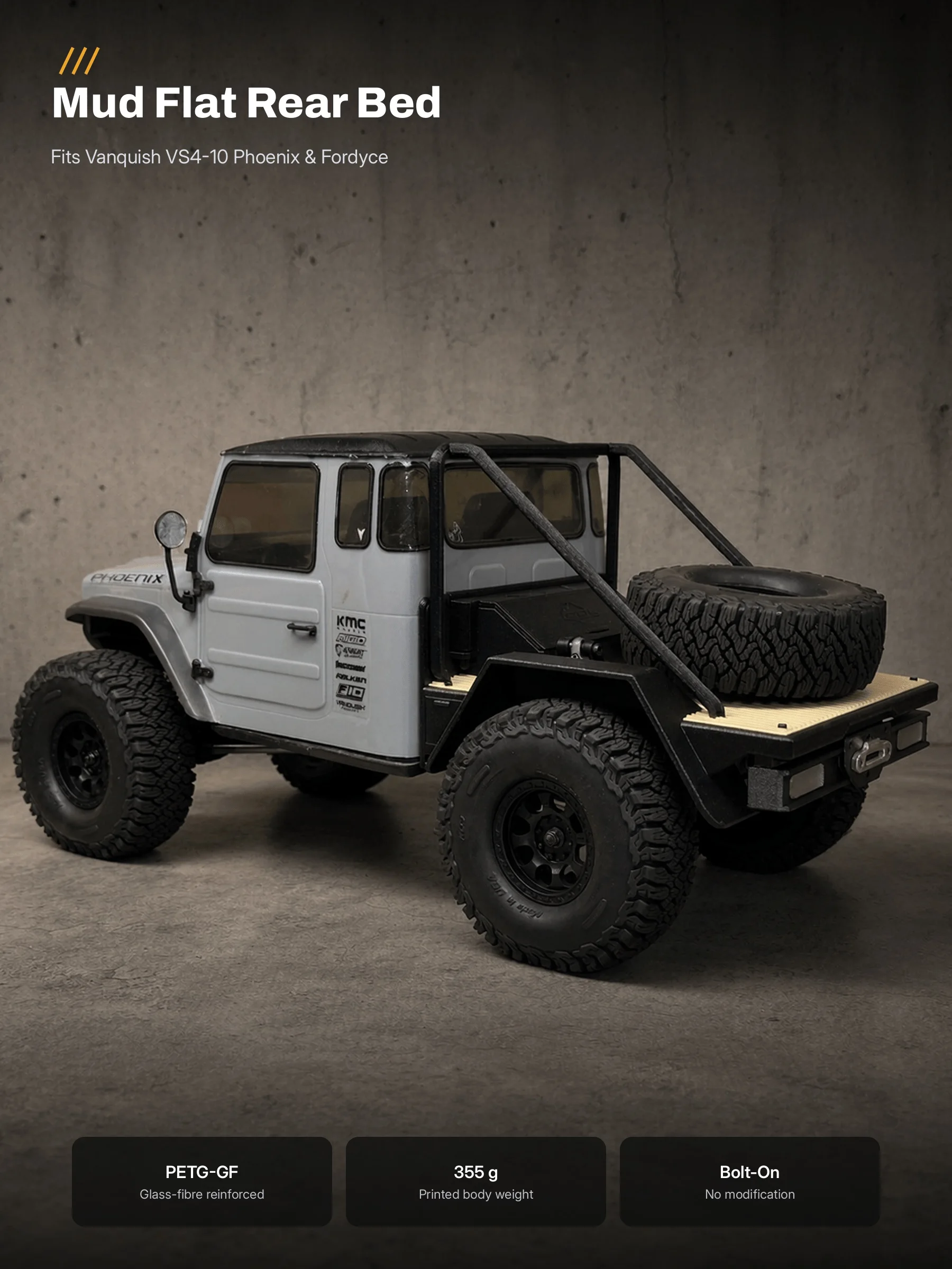 Fits Vanquish VS4-10 Phoenix Fordyce MUD Flat Rear Bed Upgrade Kit PETG-GF 355g 1/10 RC Rock Crawler Scale Truck Bolt-On