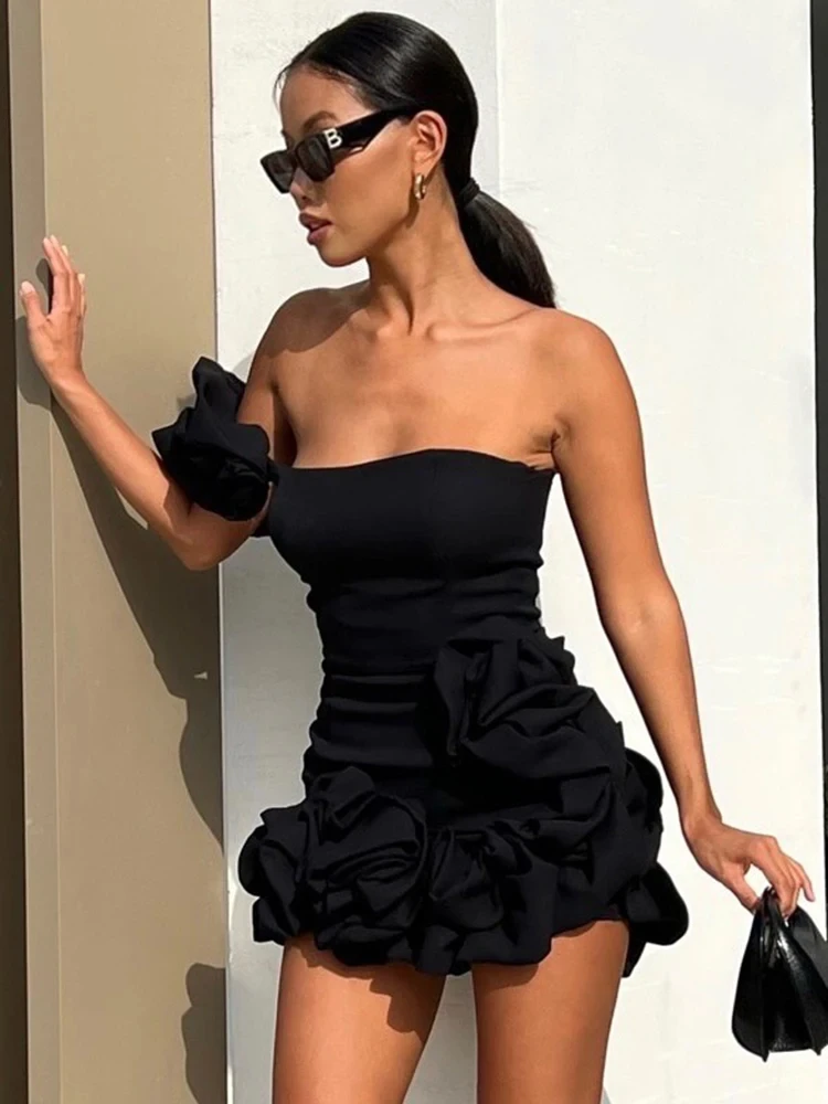 2024 Women Summer Sexy One Shoulder Sleeveless Slim Ruched Ruffles Black Dress Evening Stage Performance Dress Vestido