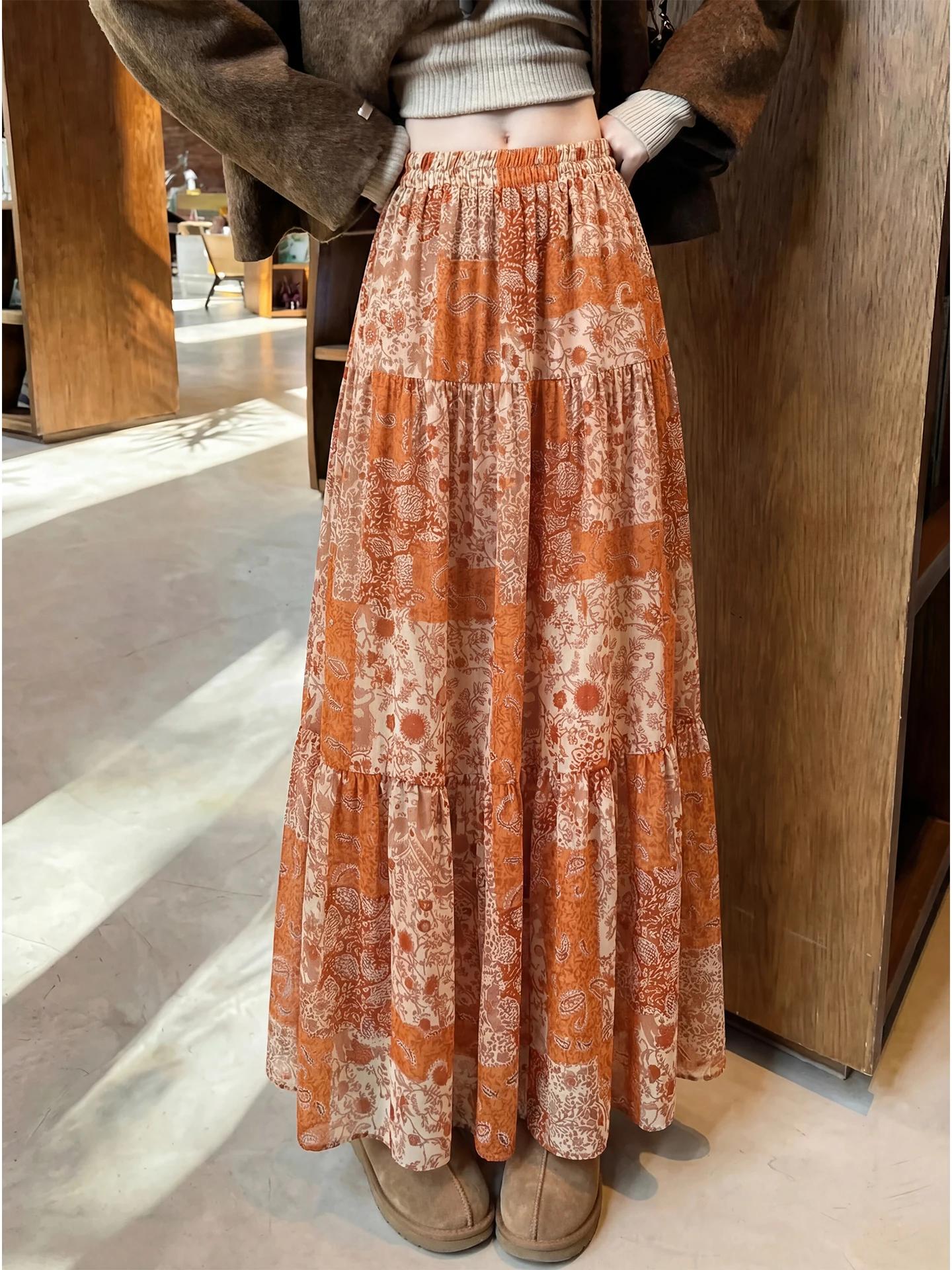 

Spring 2026 High Waist Draped n Print Chiffon f Skirt Women's Long Skirt A-Line Cake Skirt Korean Sle Commute