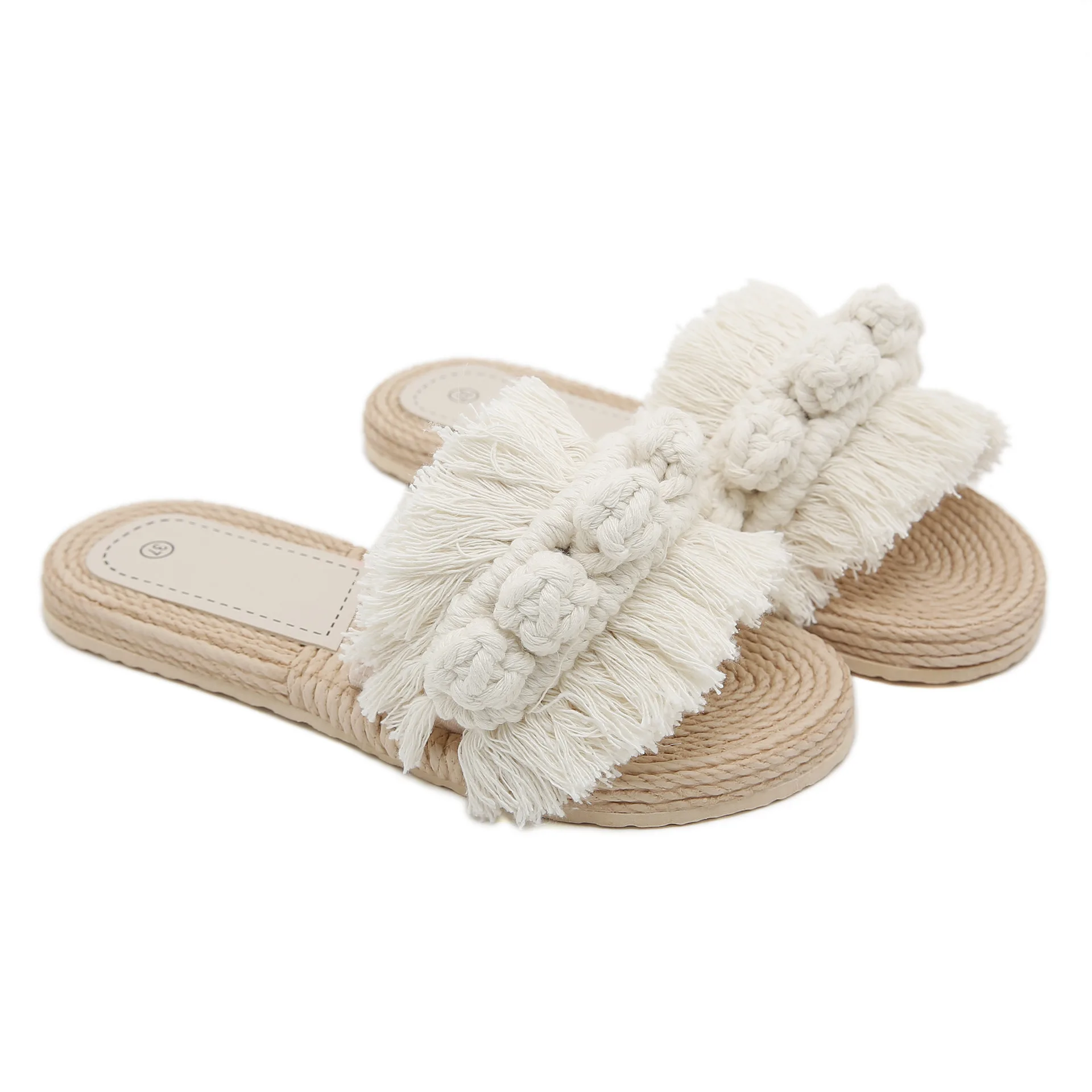 Sandalias de mujer con flecos tejidos a mano con hilo de algodón, sandalias planas de playa antideslizantes para vacaciones, versátiles y a la moda para el verano
