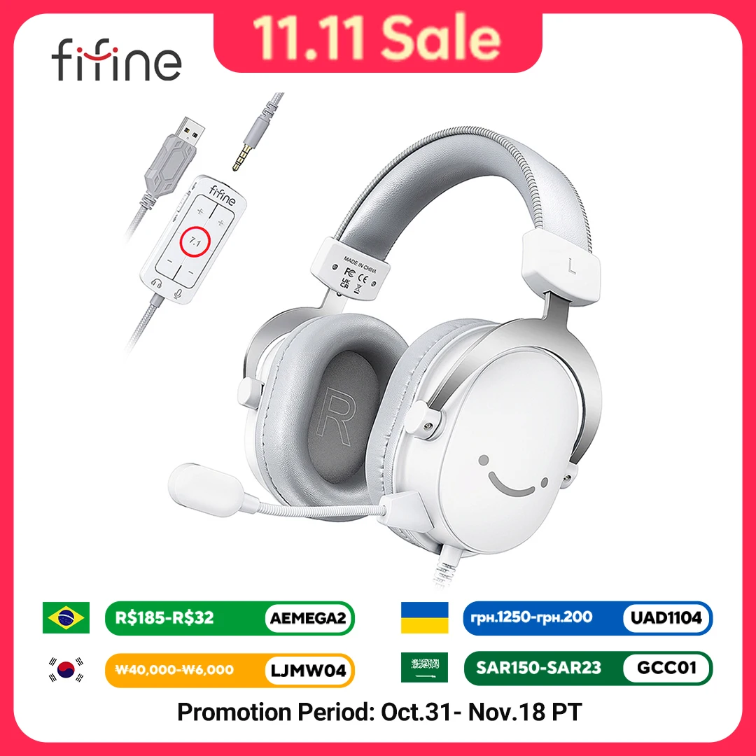 FIFINE USB Gaming Headset with 7.1 Surround Sound/3.5mm Jack/Microphone,Over-Ear Wired Headphone for PC PS4/5 Xbox Ampligame H9W