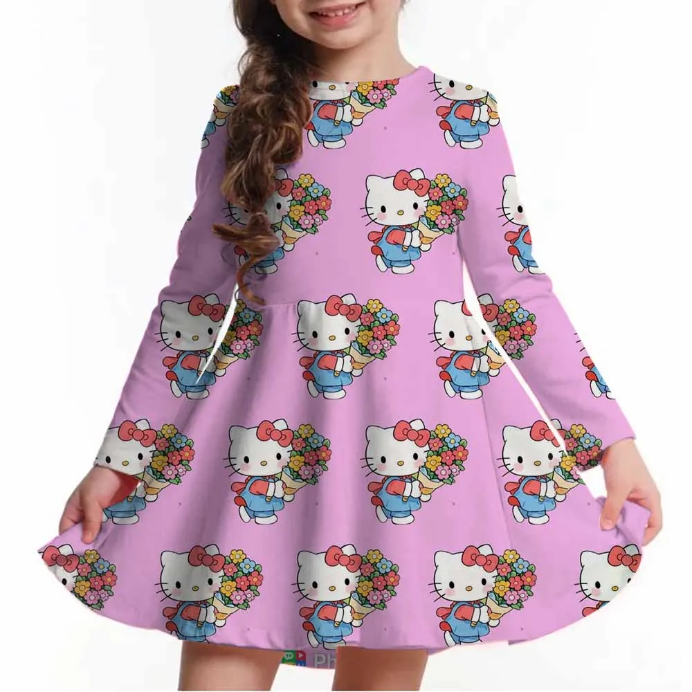 

Girl's long sleeved dress, cute spring and autumn children's clothing, 3D printed Hello Kitty princess dress, fashionable childr