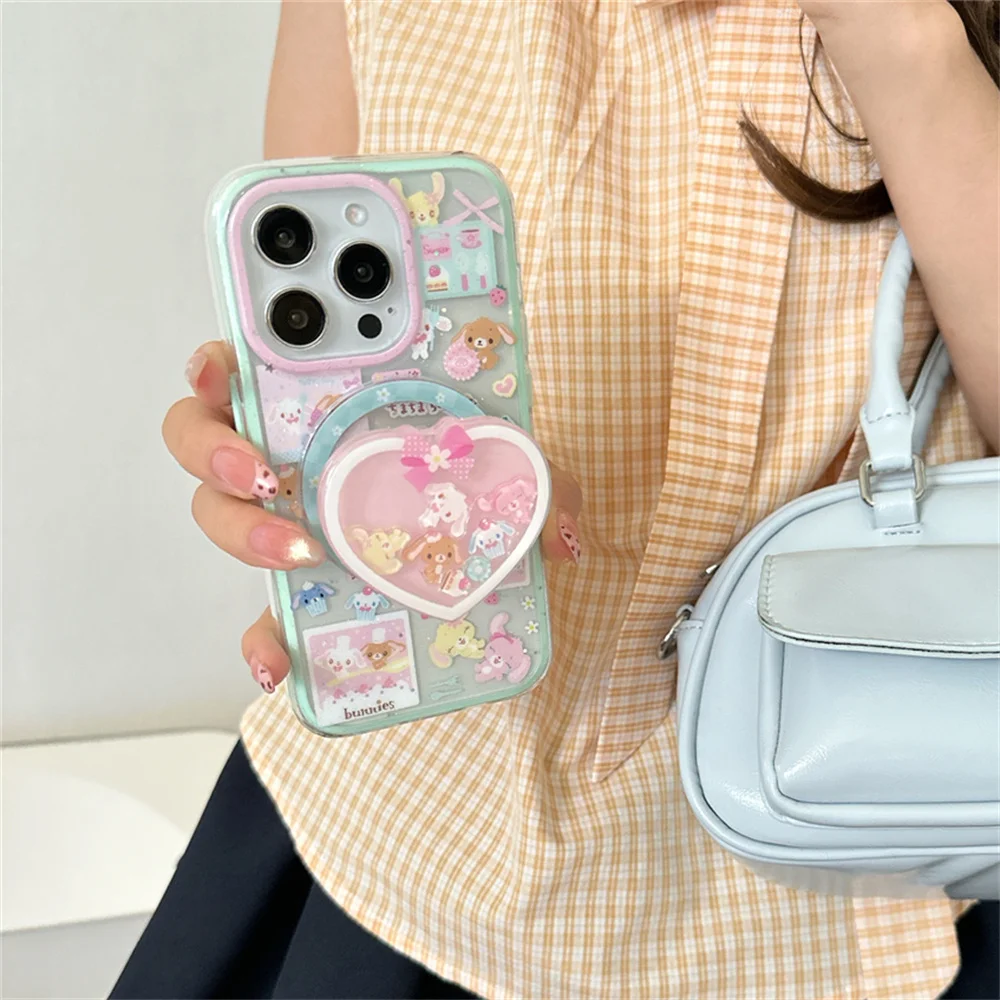 

Cute Dessert Rabbit Bear Magnetic Stand Phone case For iPhone 13 14 15 Pro 16 promax Fundas with Magsafe Holder Protective Cover