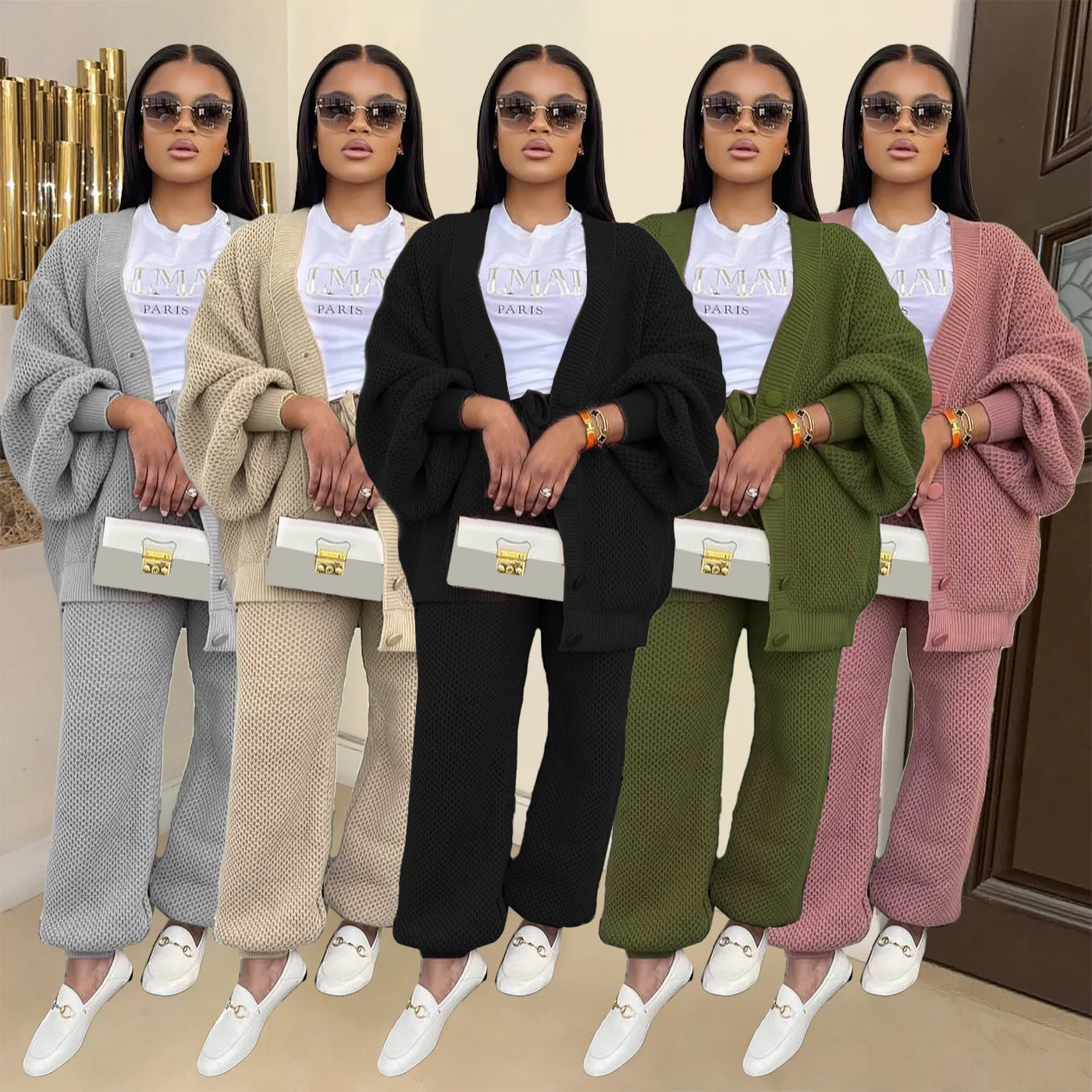 Two Pieces Women Long Pant Set Solid Matching Set Deep V Single Breasted Long Sleeves Top Elastic Waist Pant Casual  Summer