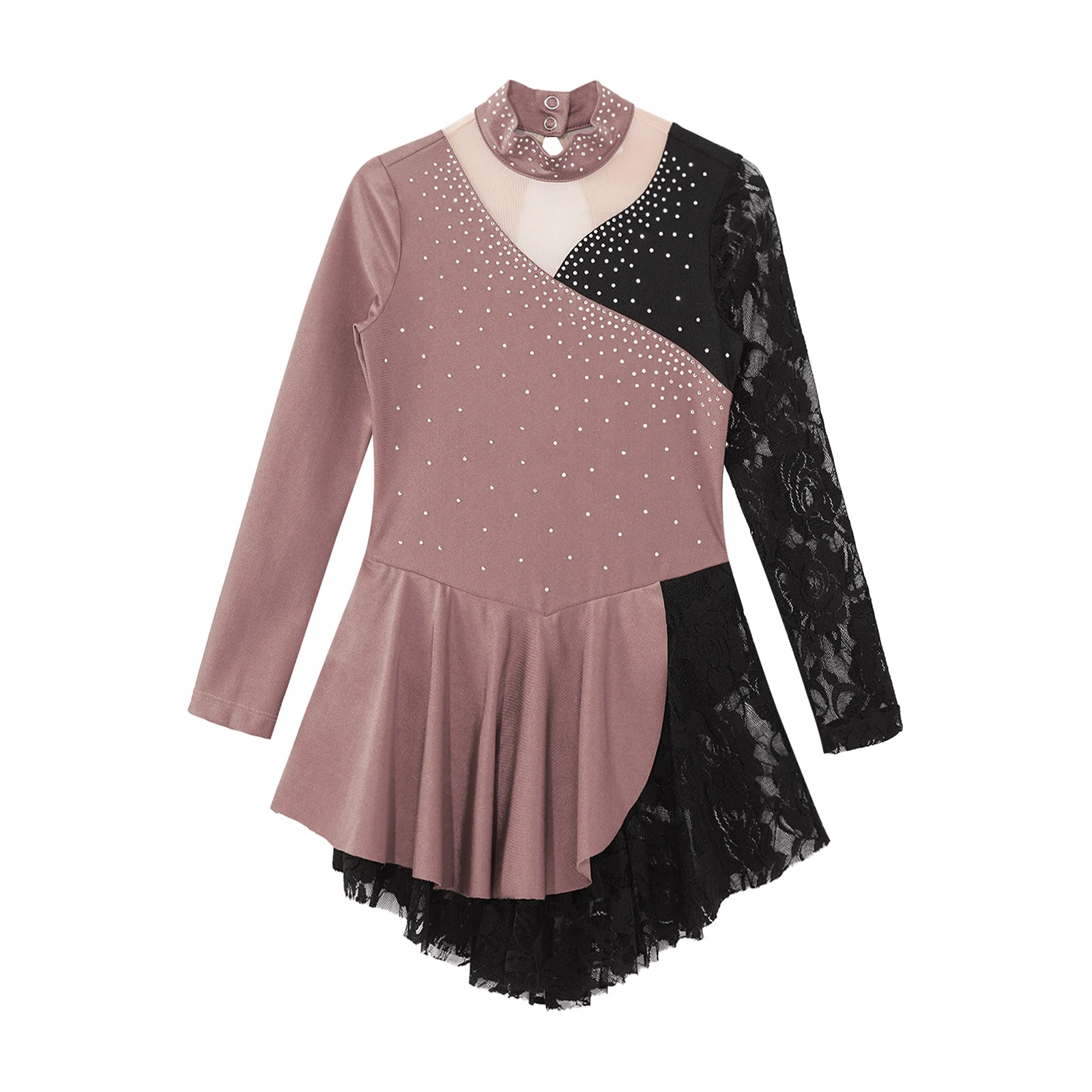 Teen Girls Figure Ice Skating Ballet Rhythmic Gymnastics Lyrical Dance Costume Long Sleeve Shiny Rhinestone Lace Leotard Dress