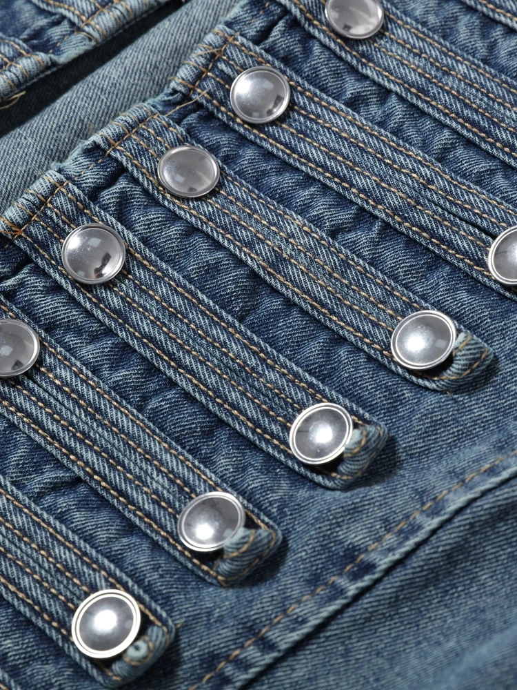 Denim Napoleon Jacke Shorts Anzüge Damen Vintage Stehkragen Langarm Mäntel Tiefsitzende Shorts Sexy Damen Neue Partykleidung Outfits – Detail 8