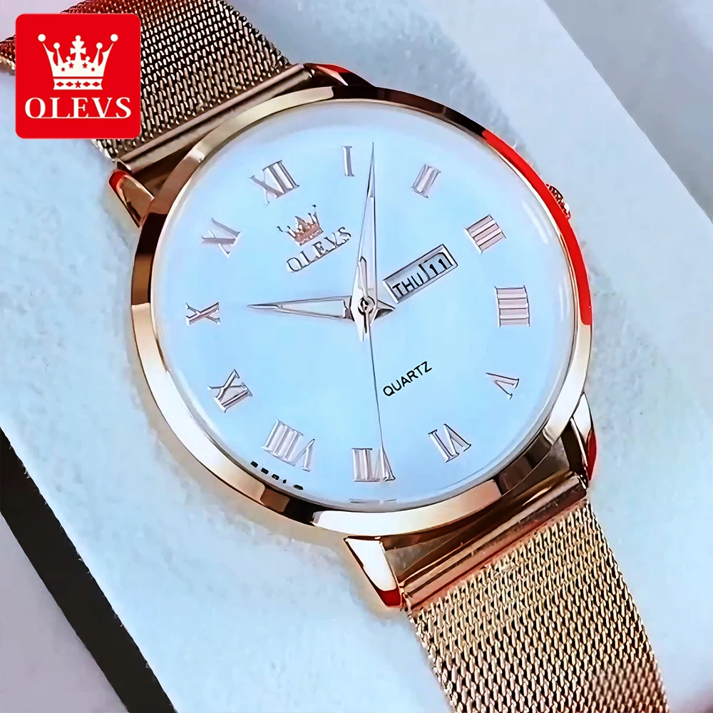 

OLEVS Women's Watches Light Luxury Fashion Waterproof Stainless Steel Mesh Strap Original Quartz Wristwatch for Lady Luminous