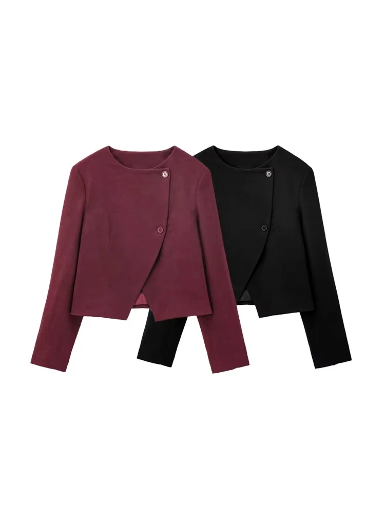 

GELITAYIN TRZA-Women's Cropped Double Breasted Jacket Coat, O Neck, Long Sleeve, Female Outerwear, Chic Tops, Fashion