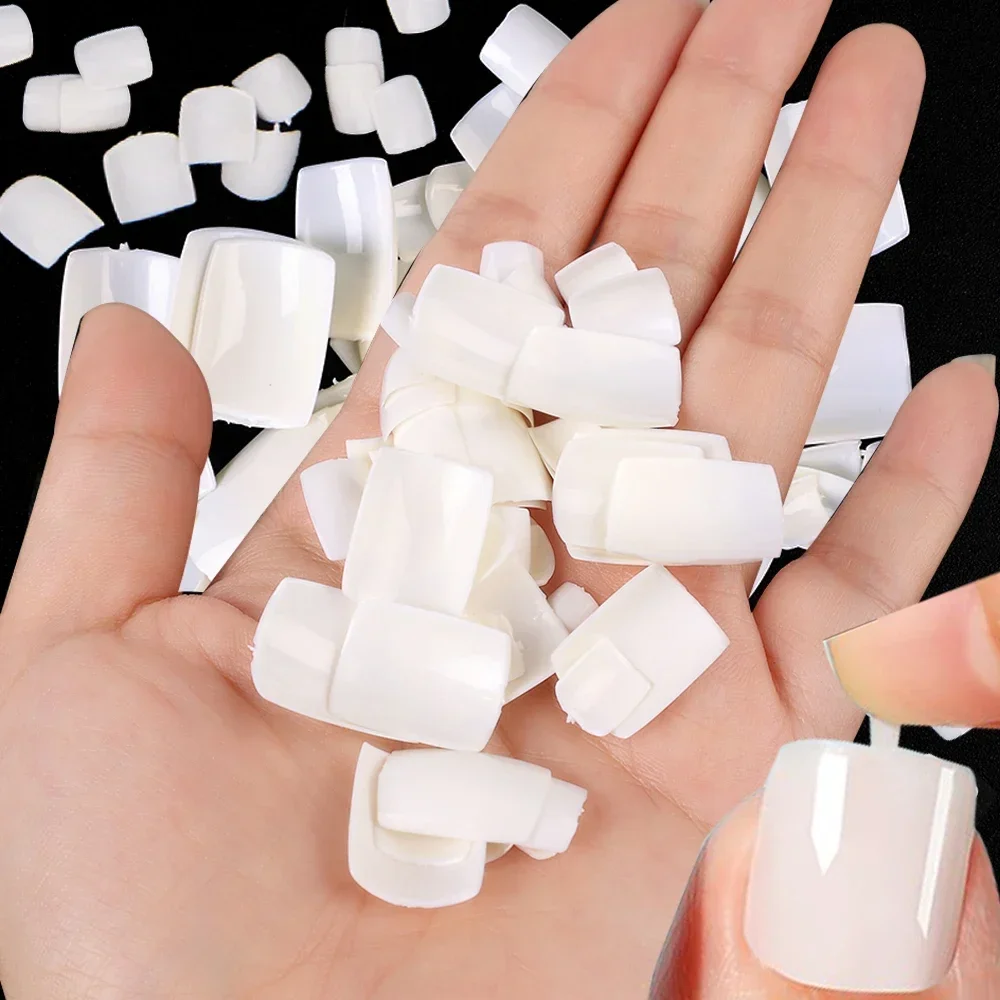 Short Square Fake Foot Nails with Box Natural White Transparent Artificial False Toenail Press on Toenail for Women Art Manicure