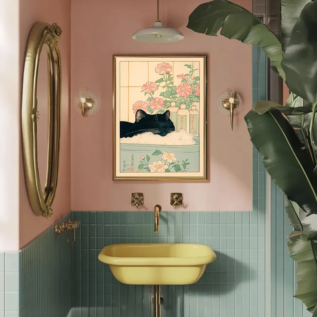 النمط الياباني القط الاستحمام التوضيح قماش الطباعة - القطط لطيف مع الزهور في أحواض الاستحمام - ديكور فني جدار الحمام الجمالي