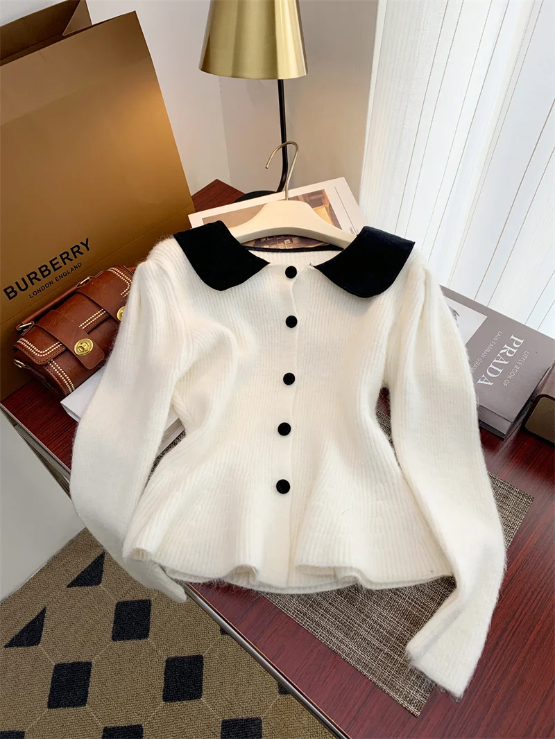 French Doll Neck Fishtail Sweater for Women's Winter Wear High end Ruffle Skirt Knitted Cardigan