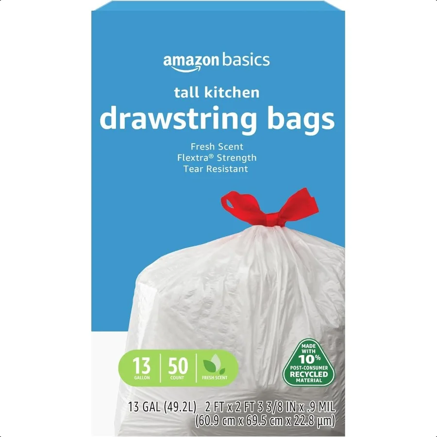 

13-галлонные Flextra gth высокие кухонные мешки для мусора на шнурке, устойчивые к разрыву, чистый свежий аромат, 10 переработанных содержимого, 50 шт.