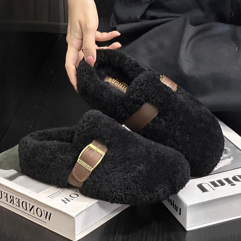 Fashion Lamb Wool Plush Slippers Autumn Winter New Women's Warm Cotton Clothes Outdoor Plush Slippers Height-increasing Insoles - view 2