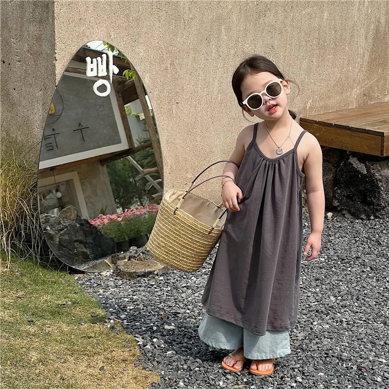 Korean Childrens Clothing Girls Vest Skirt Summer 2025 New Style Childrens Fashion Simple Jumpsuit Solid Color Long Skirt