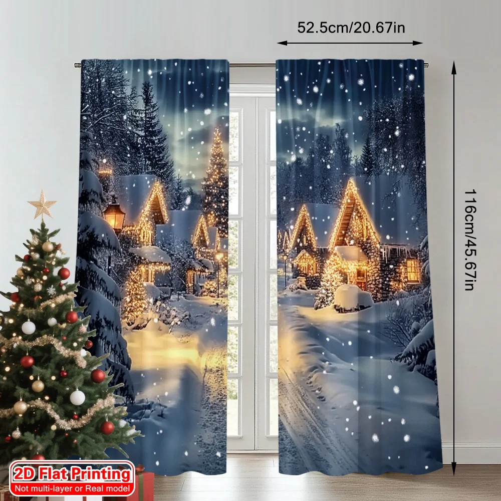 2D flat printing 2pcs Merry Christmas Popular Window Curtains snow scene 100% Polyester Fabric Without Electricity Birthday
