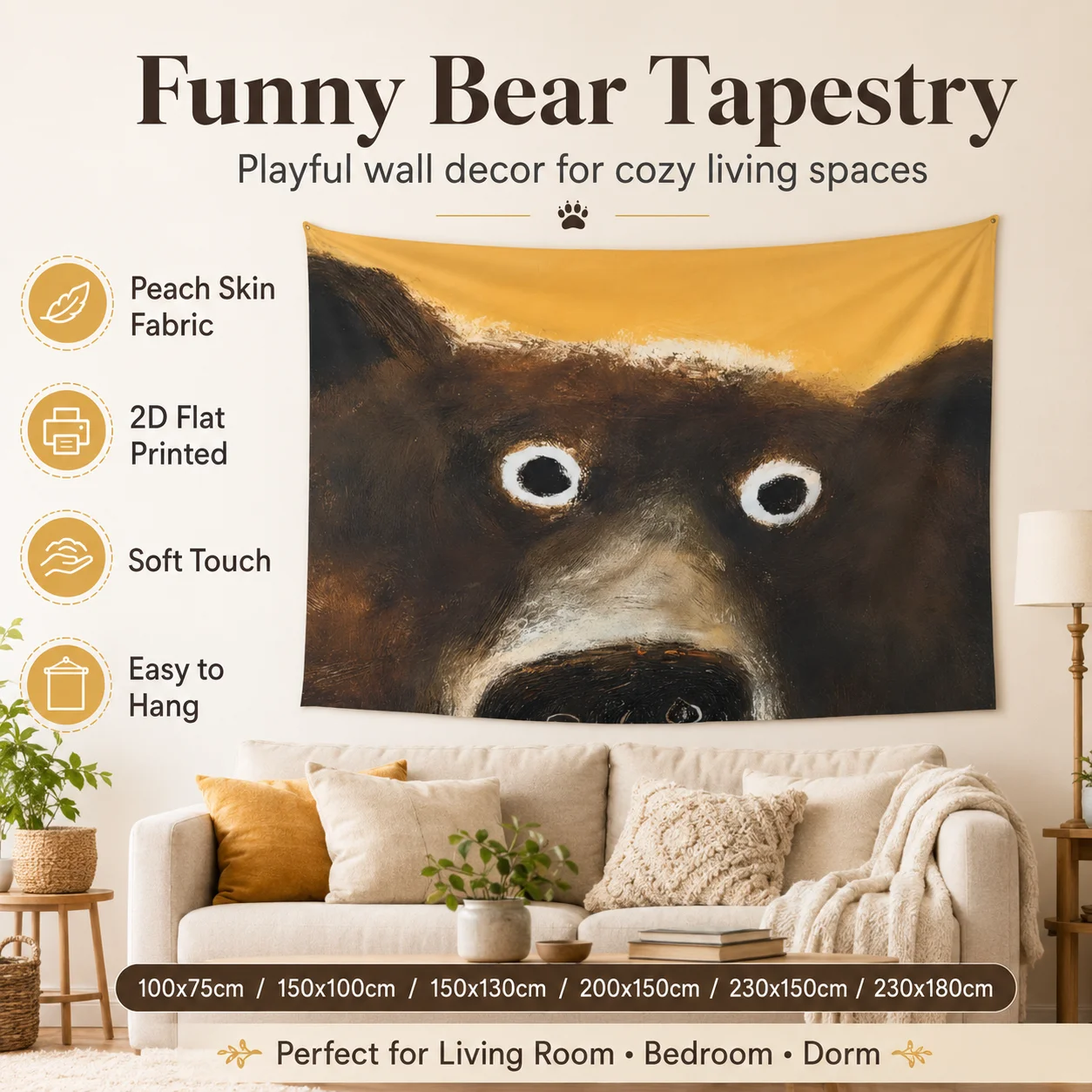 

Funny Bear Face Tapestry 2D Flat Printed Peach Skin Wall Hanging Quirky Animal Backdrop for Dorm Living Room Bedroom Decor