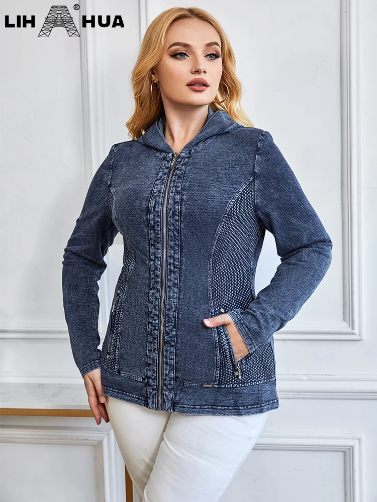 LIH HUA feminino plus size denim jaqueta outono chique elegante jaqueta para gorducho feminino algodão com capuz tricô jaqueta