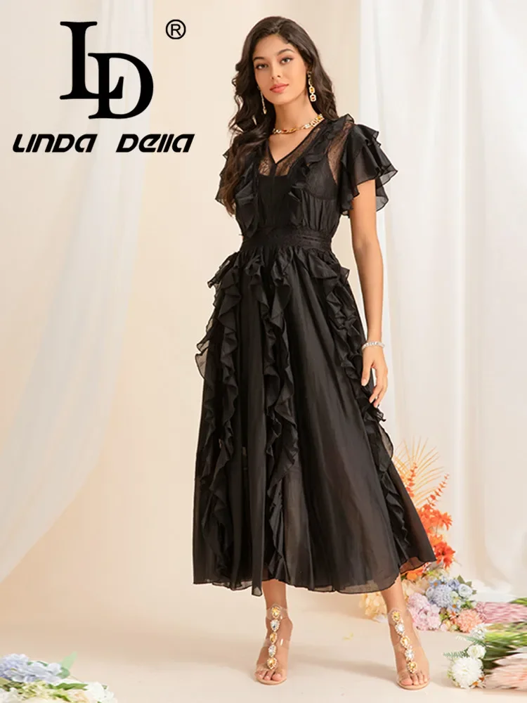 LD LINDA DELLA Sexy V-neck Lotus Sleeve Lace Splicing Blue Princess Dress Europe and the United States summer Women's New 2024