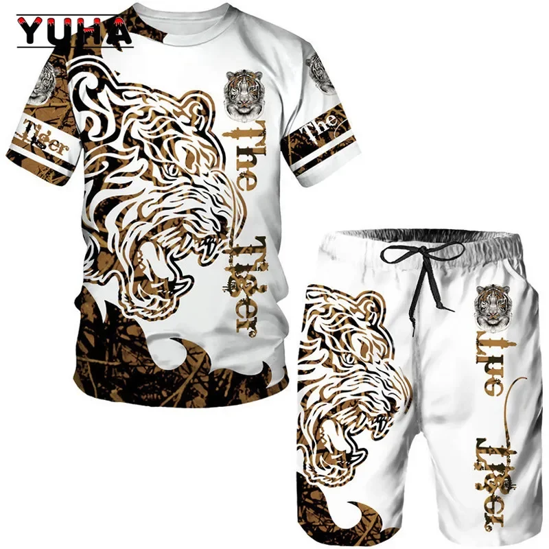 The Lion 3D Printed O-neck T-shirt&Shorts Suit Casual Sportwear Tracksuit Set Summer Men's Animal Tattoo White Short Sleev