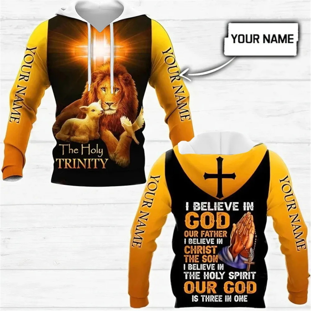 

HX Fashion Men Hoodies I Believe In God Jesus All Over Printed Hoodie DIY Name 3D Graphic Sweatshirt Casual Sportswear