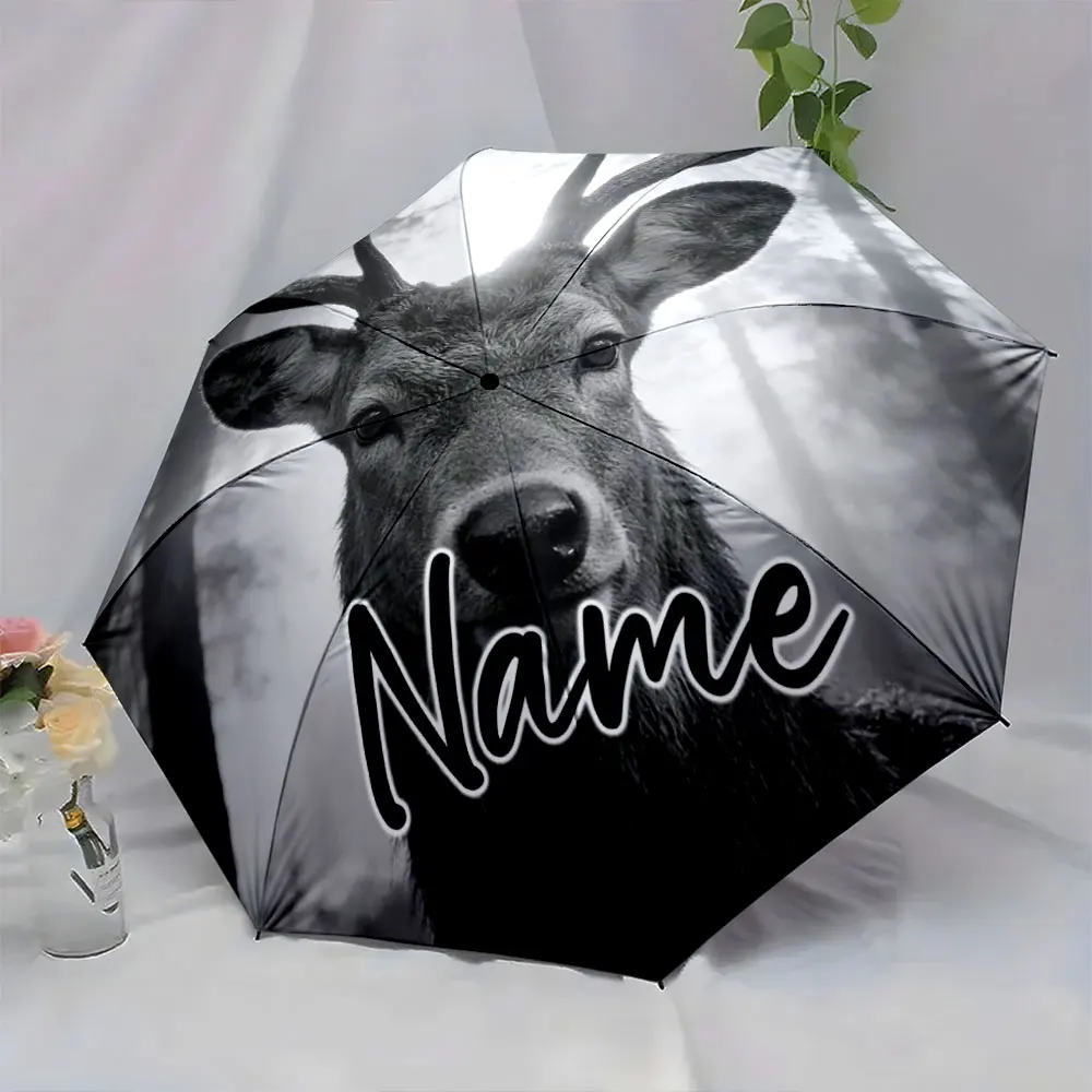 Custom Name Umbrella Deer Design Umbrella for Stylish Rainy Days Print 8 Iron Ribs Folding Umbrella Auto-Open Fashion Sunshade