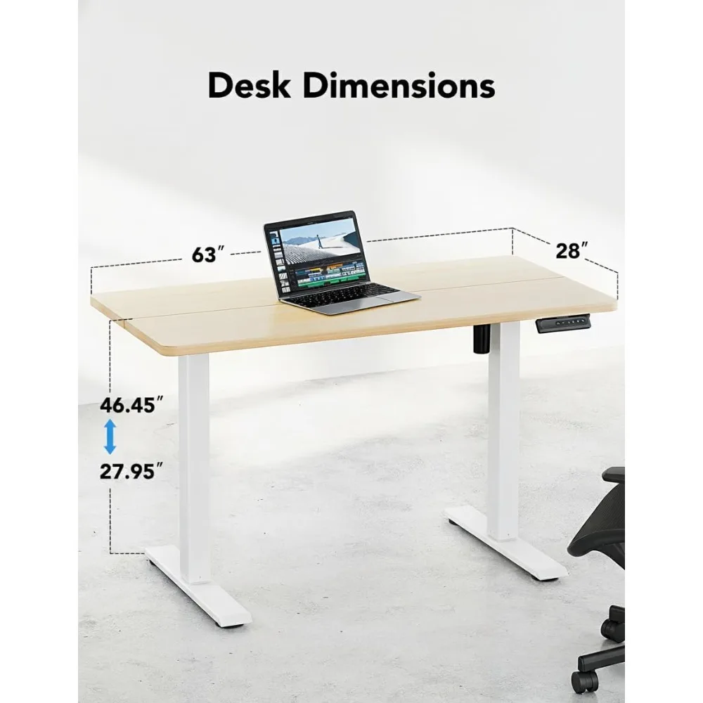 مكتب قائم كهربائي 63 × 28 مع ارتفاع قابل للتعديل، 4 إعدادات لارتفاع الذاكرة، خطاف سماعة الرأس، مدير الكابلات