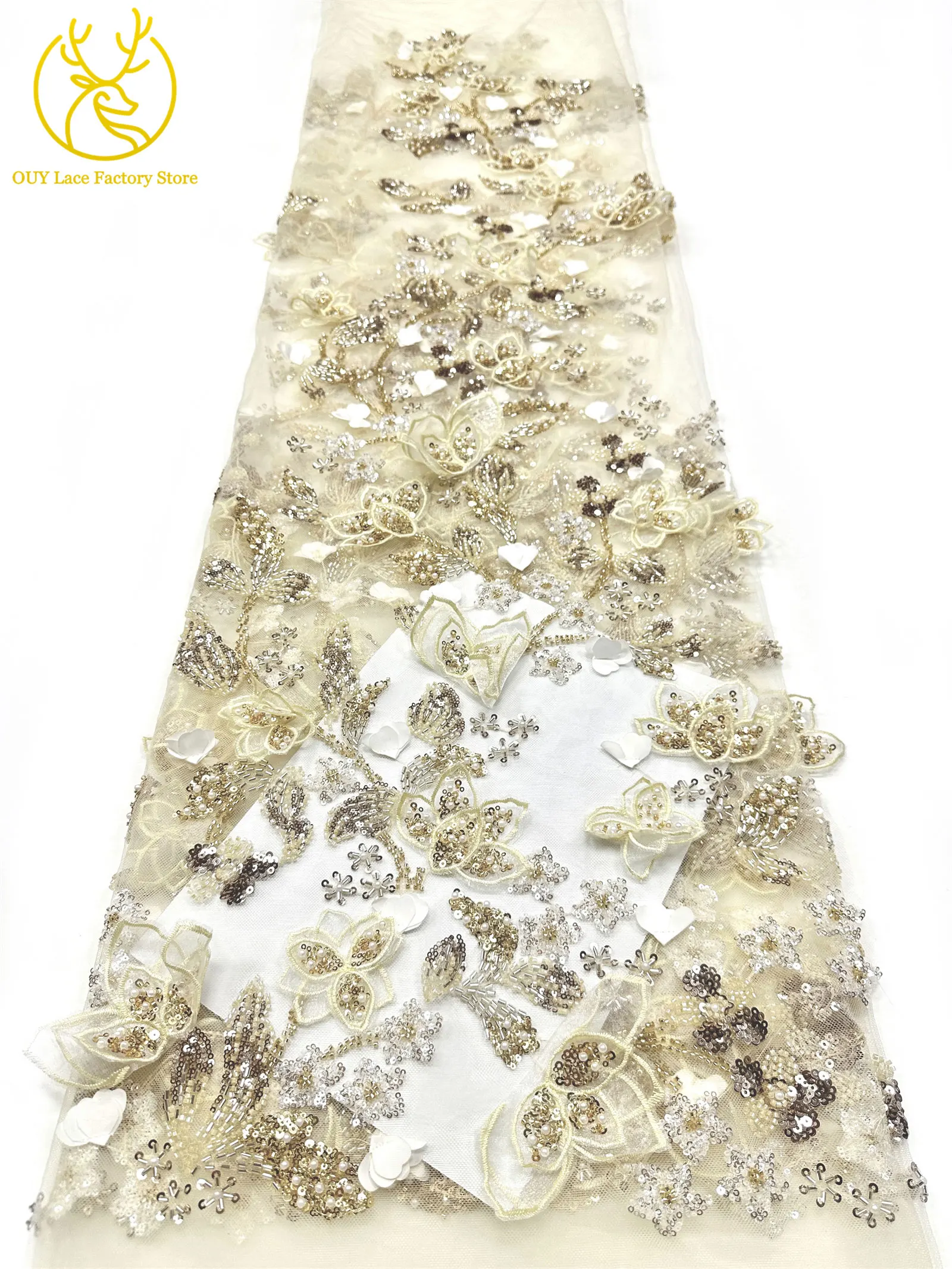 5 Yards afrikanischer 3D-Blumen-Spitzenstoff mit Perlen, 2026, hochwertiger französischer nigerianischer Stickerei-Tüllstoff zum Nähen von Hochzeitskleidern – Detail 10