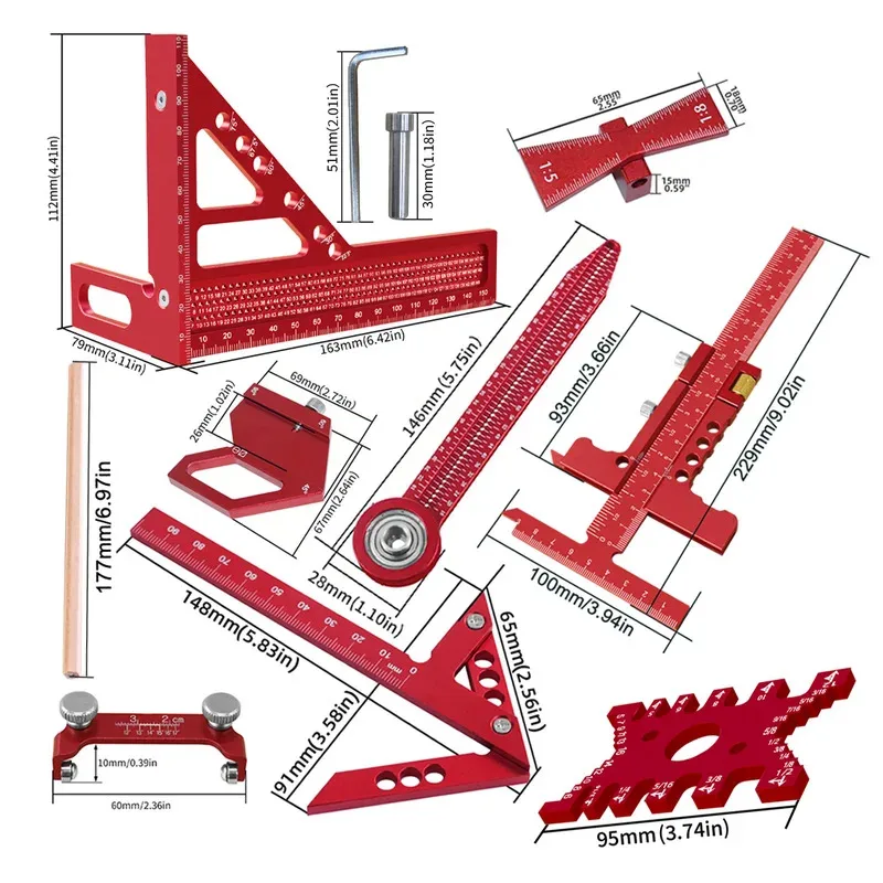 Zestaw stolarski z aluminiowymi kątownikami z pudełkiem, precyzyjne narzędzia dla stolarza do szybkiego łączenia, planowania i trasowania, linijka traserska, narzędzie ręczne.