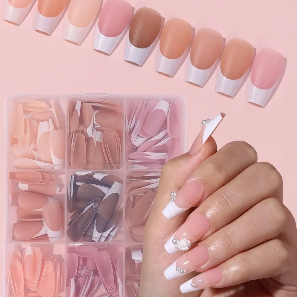 270 pçs 9 em 1 ponta francesa imprensa em unhas reutilizáveis sem marca nude natural macio dicas de unhas conjunto 3d destacável remendo de unhas falsas meninas