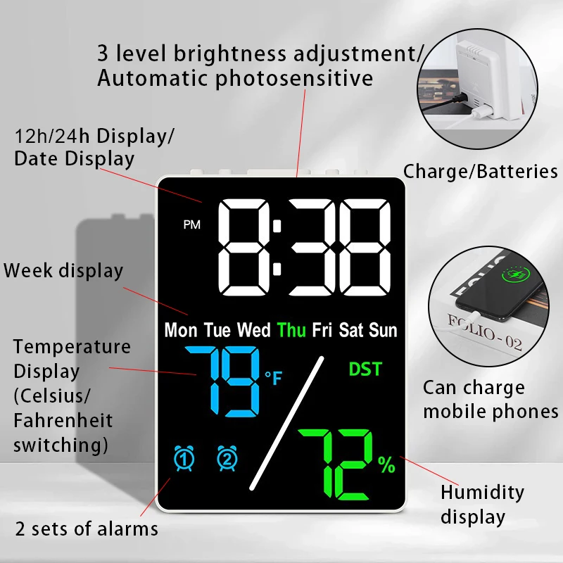 12h 24h LED Display Digital Alarm Clock Multifunctional Electronic Clock with Date Temperature and Humidity Clock
