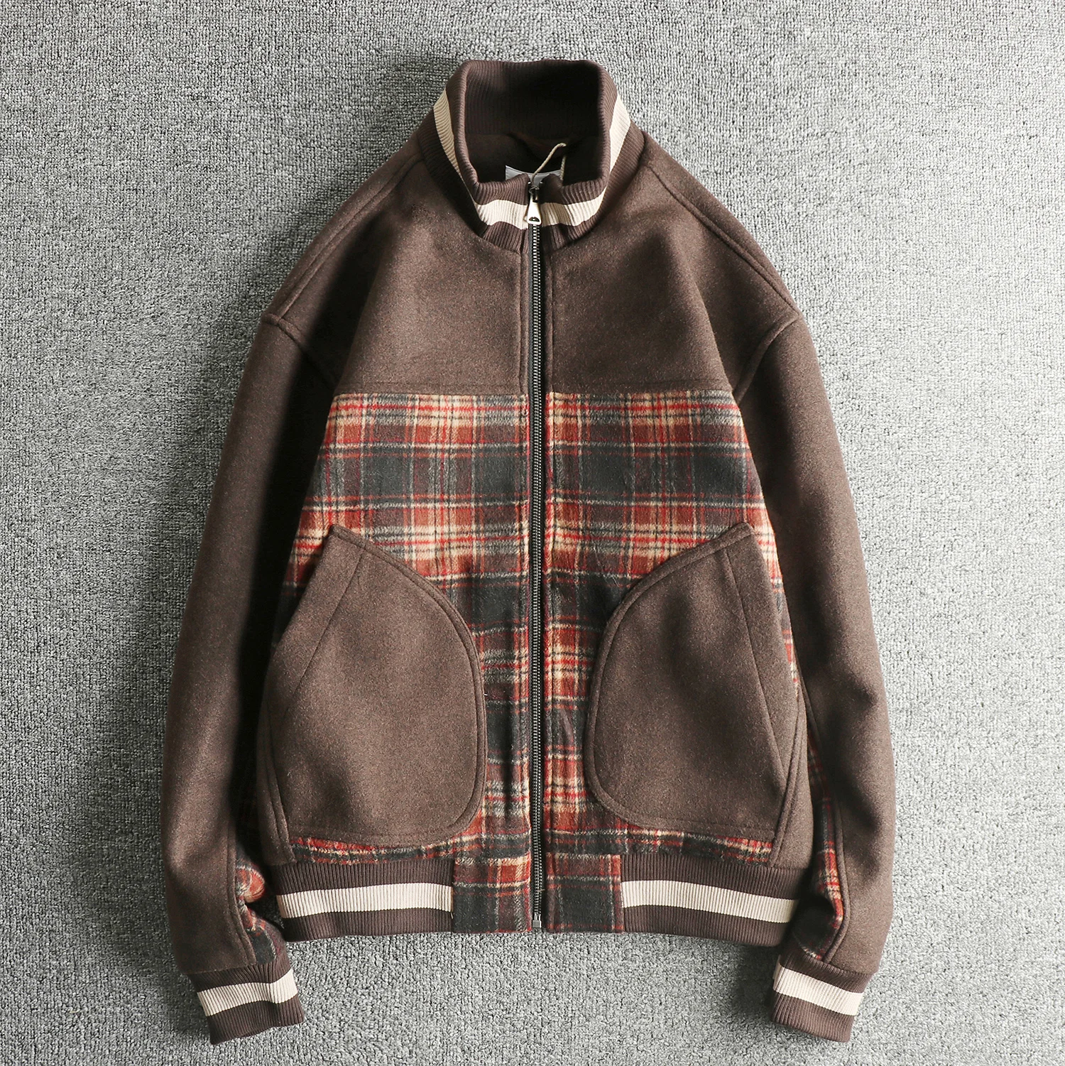 

2025 Autumn And Winter New American Retro Stand Collar Wool Blend Plaid Patchwork Trendy Jacket Men's Fashion Leisure Coat