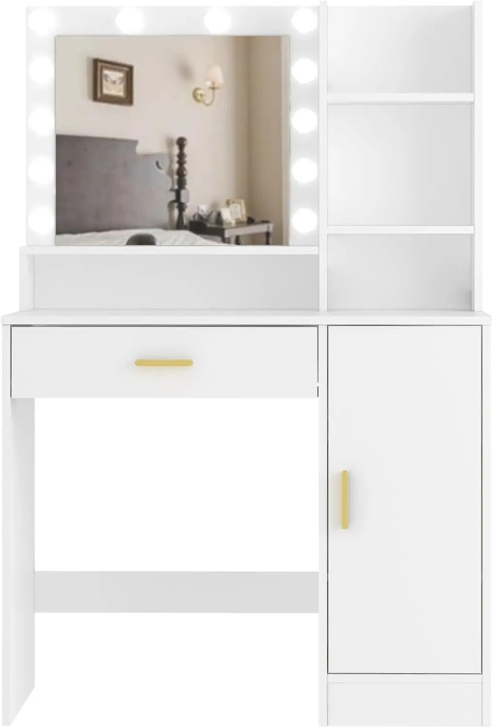 

Vanity Desk, Vanity Mirror With Lights And Table Set With 1 Big Drawers, 1 Cabinet & 4 Shelves Makeup Vanity Set 3 Lighting