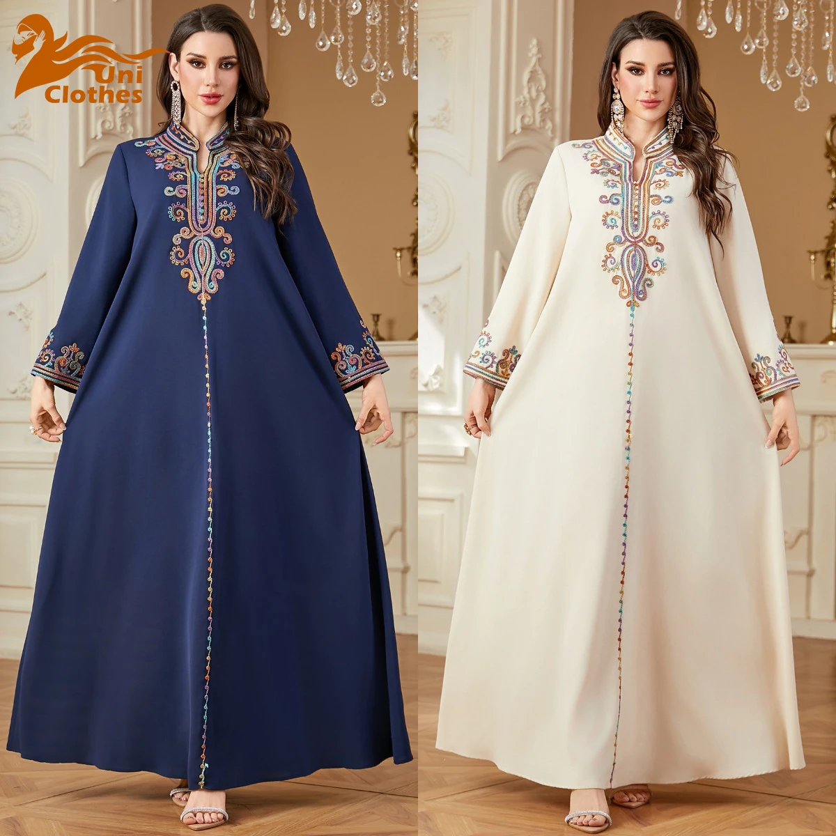 UNI broderie AbayasWomen Robe musulmane dubaï caftan Eid Ramadan Caftan Marocain Femme Robe Kebay un Islam vêtements soirée Jalab