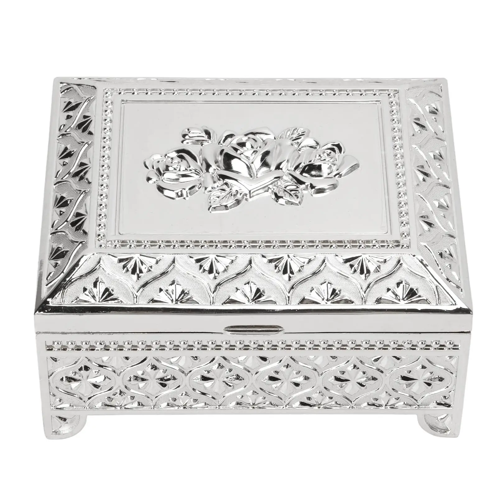 Trinket Box Vintage Rose Pattern Embossed Single Layer Flip Top Zinc Alloy Jewelry Storage Box Gift Box for Women Girls