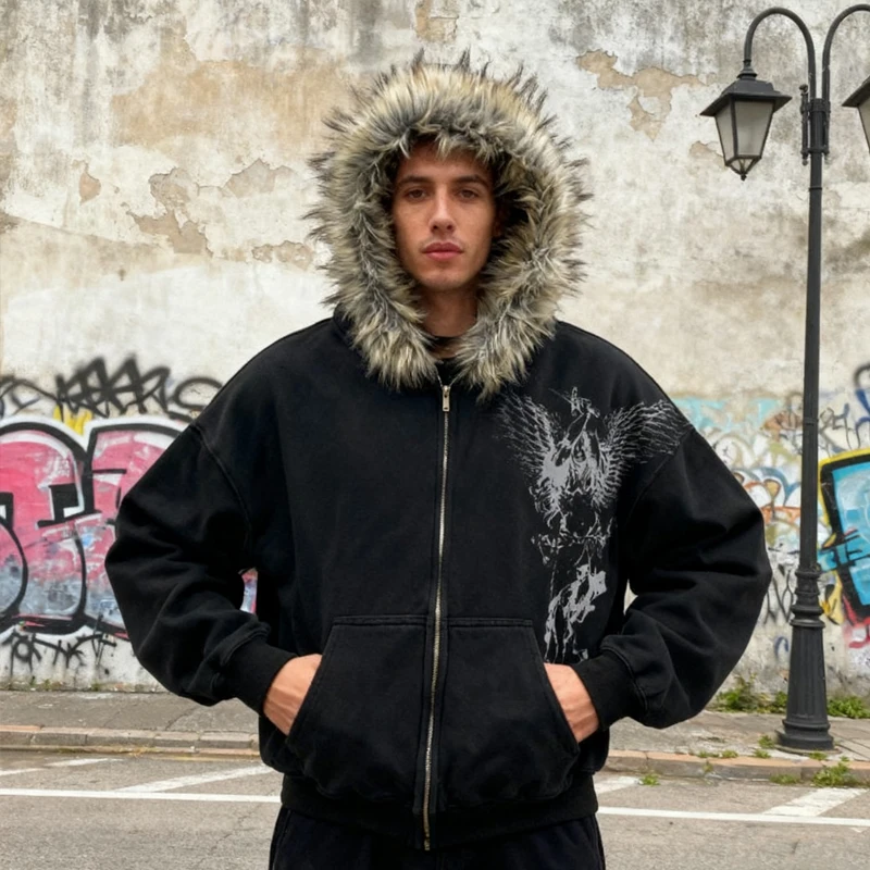 

y2kЗимняя толстовка на молнии из искусственного меха с принтом ангела, черная уличная одежда, авангардная мужская и женская эстетичная спортивная одежда