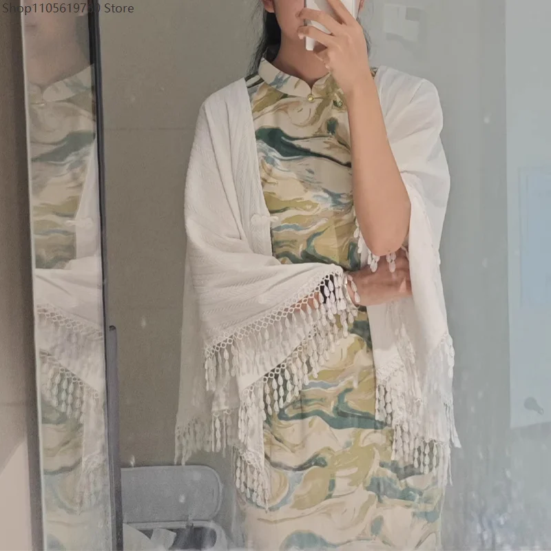 Women Spring Autumn Thin Knitted Shawl Tassel Decor Scarf Cardigan Cheongsam Wraps Fashionable Lady Shawl Daily Cosplay Outfit