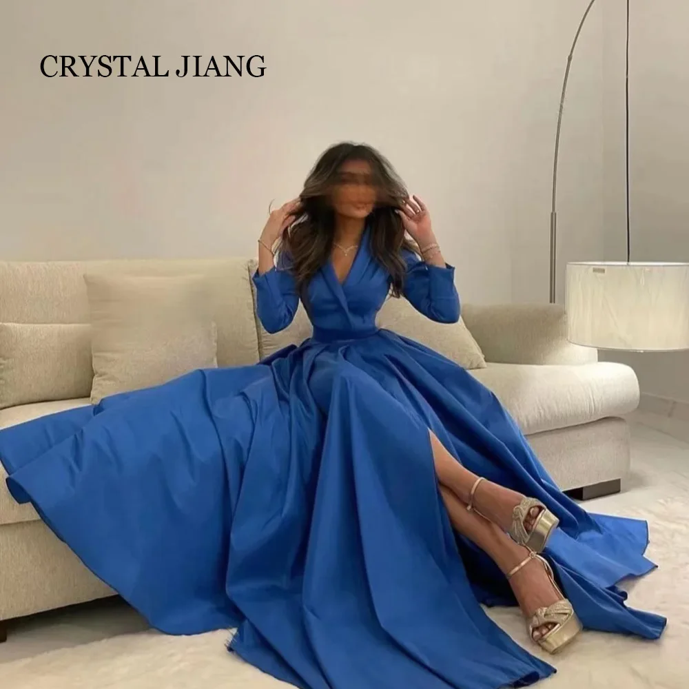 

Simple Long Blue Evening Dresses V Neck Satin Full Sleeves with Slit A Line Floor Length Vestidos De Noche