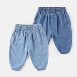 Ins Infant Baby Girls Denim Pants Cotton Solid Elastic Waist Toddler Girl Jeans Thin Cool Anti-mosquito Little Girl Jogger Pants