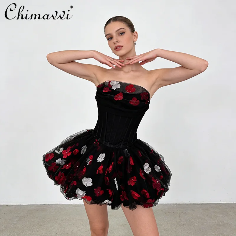 

French-style Sexy Sweet Socialite Floral Strapless Party Dress 2026 Spring New Sleeveless High Waist Slim Short Dress for Women