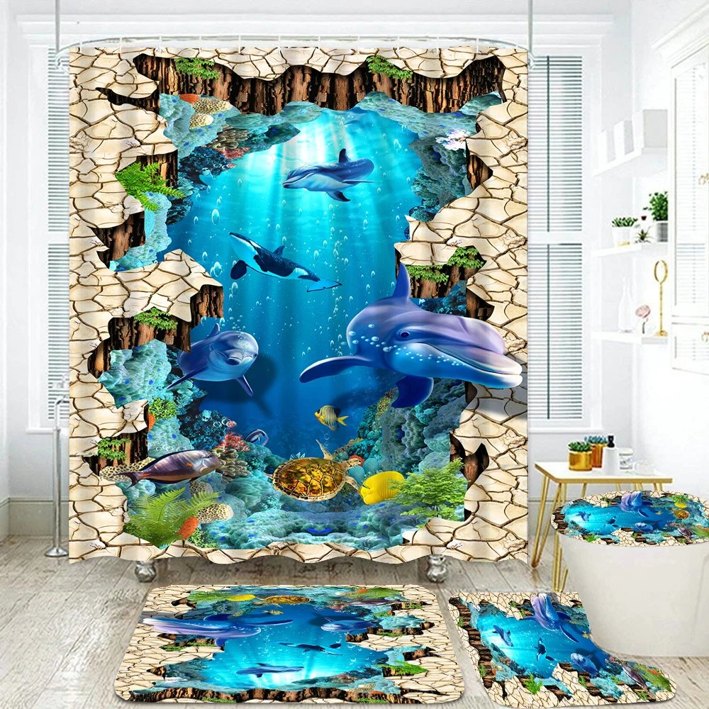 Ocean Underwater World Turtles Dolphin 3D Printing Waterproof Shower Curtain with Rug Toilet Cover Bath Mat Set Bathroom Decor